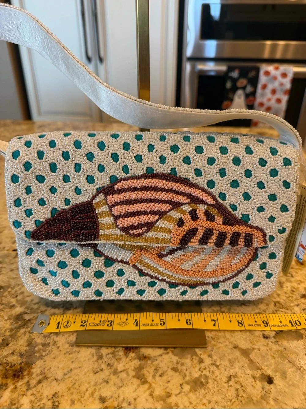 Handcrafted in India Beaded Shell Motif Shoulder Bag in White and Teal